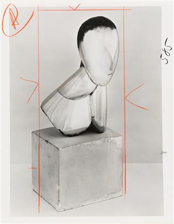 (CONSTANTIN BRÂNCUSI) Three photographs featuring his sculptures titled Portrait of George, Endless Column, and Head.
